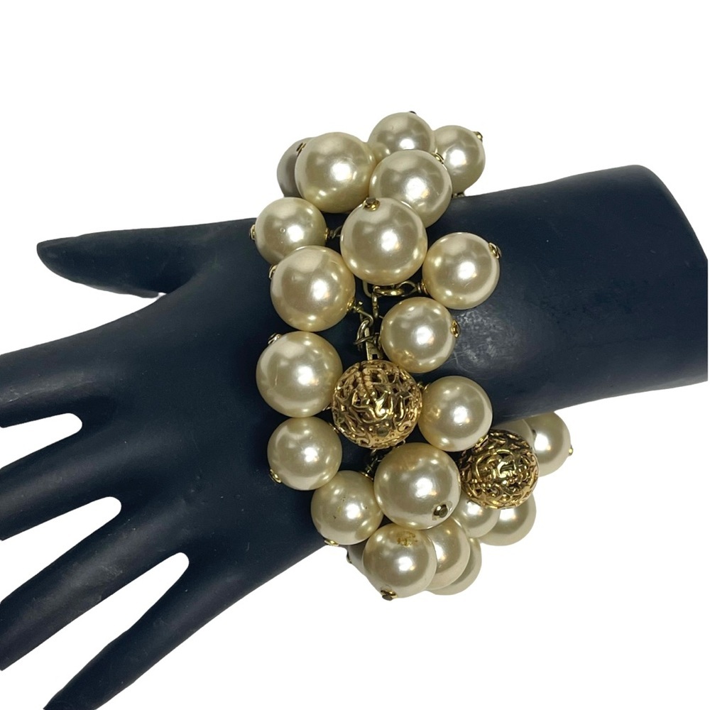 Vintage Signed Scorpios Paris Baroque Pearl and Gold Bead Chain Bracelet - Picture 14 of 15